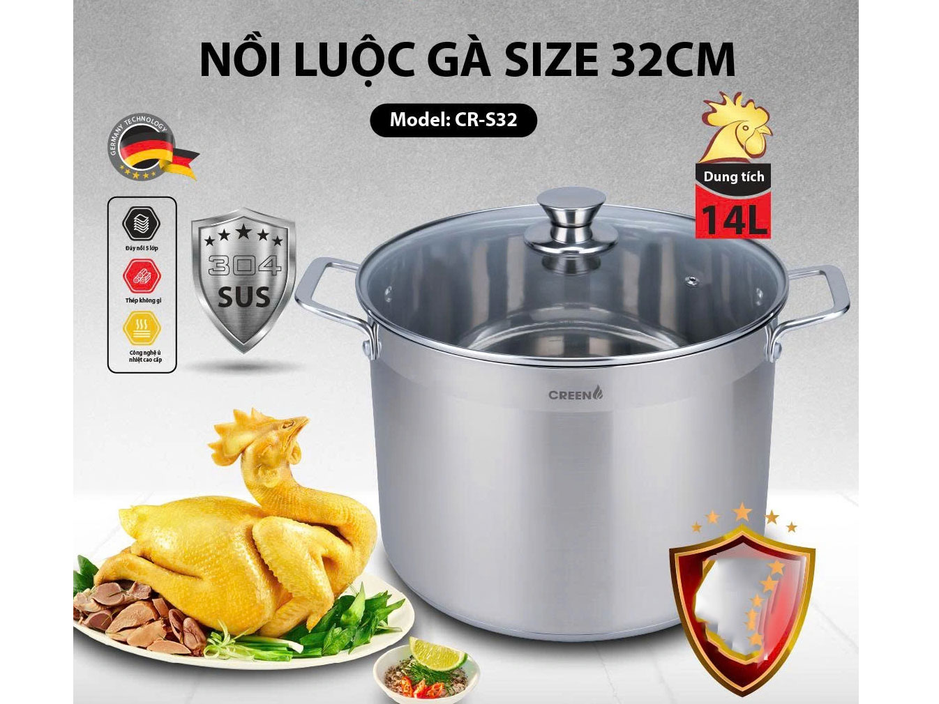 Nồi luộc gà 32cm Creen CR-S32 Nồi luộc gà 32cm Creen CR-S32