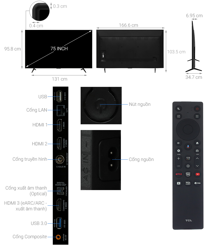 Google Tivi QLED TCL AI 4K 75 inch 75P7K 