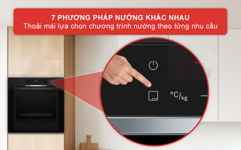 Công suất mạnh mẽ với 7 phương pháp nướng Lò nướng âm tủ Bosch HBA372EBO