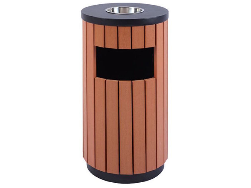 Thùng rác giả gỗ ngoài trời tròn có gạt tàn (HVSOD-01T)