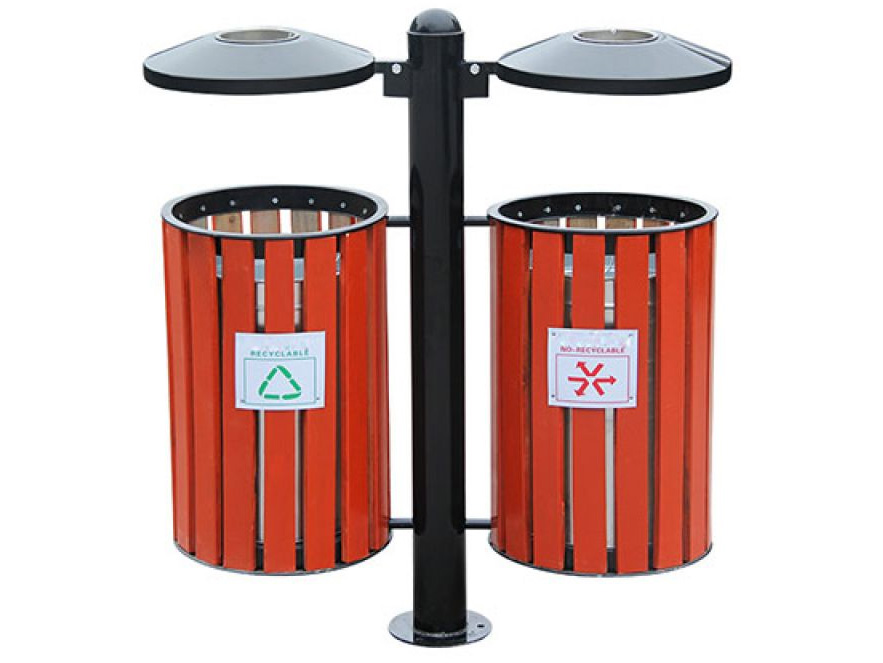 Thùng rác giả gỗ treo đôi ngoài trời có gạt tàn (HTSOD-07)