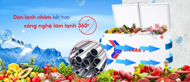 tủ đông 2 ngăn Sanaky VH 365W2 sử dụng công nghệ làm lạnh 360 độ kết hợp dàn lạnh bằng nhôm