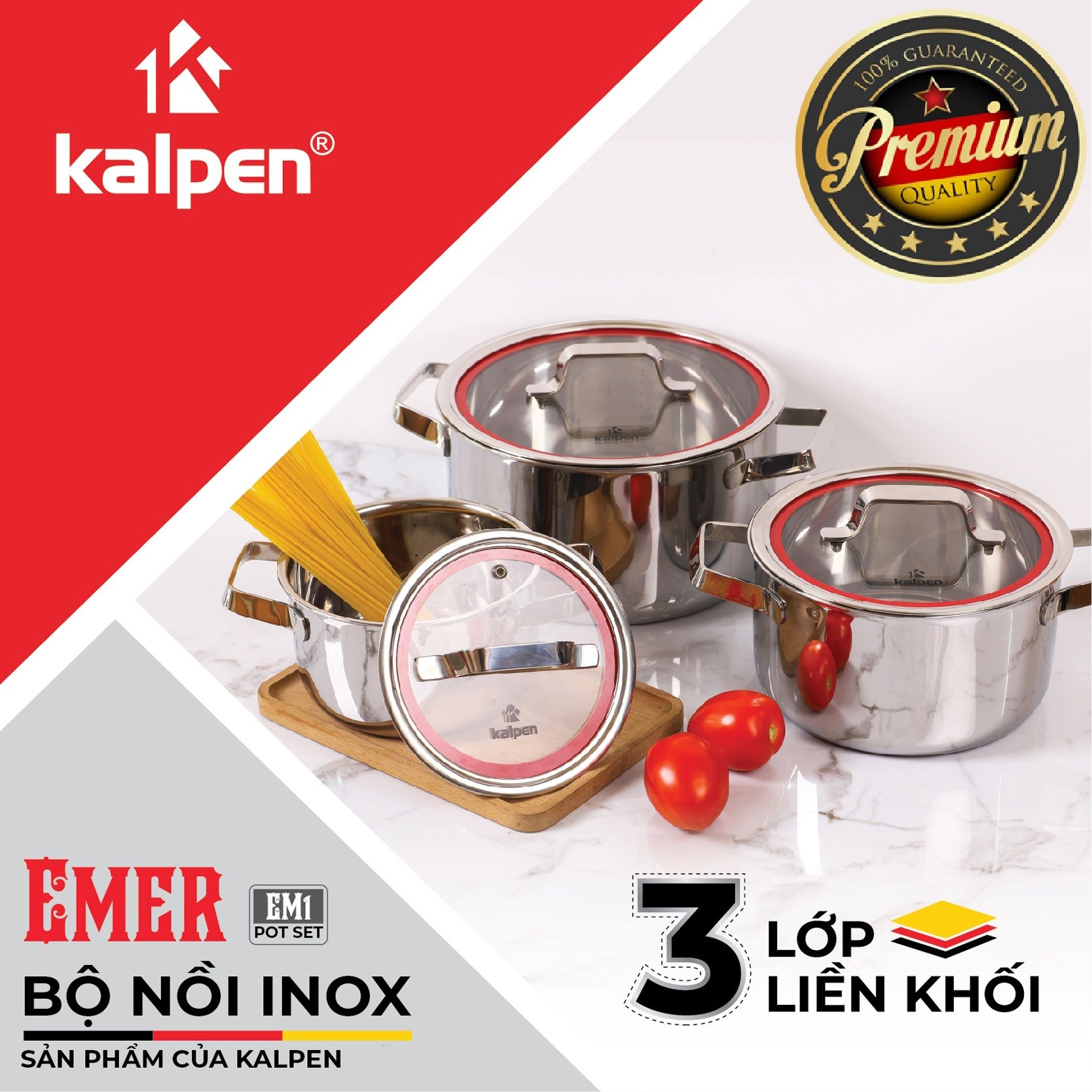 Bộ nồi Inox 3 lớp đúc liền khối Kalpen Emer EM1