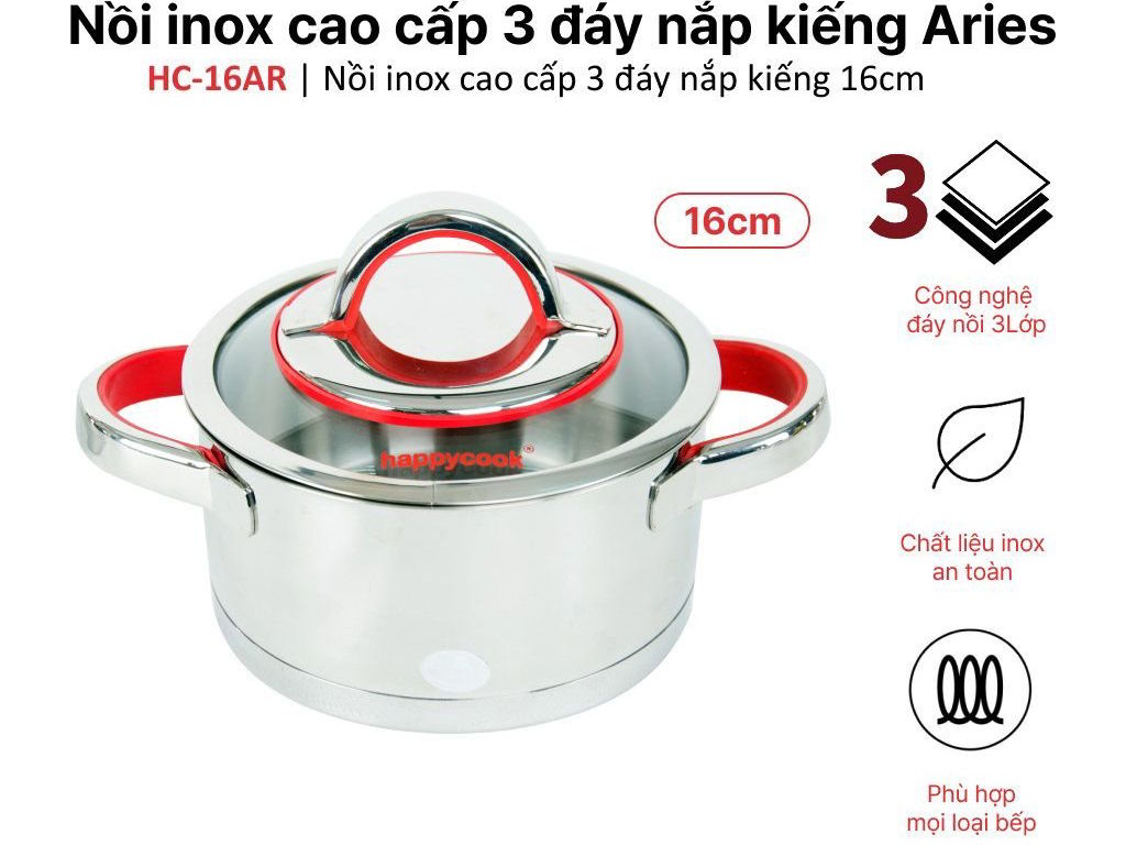 Nồi inox cao cấp 3 lớp bếp từ Happy Cook Aries Plus HC-16AR