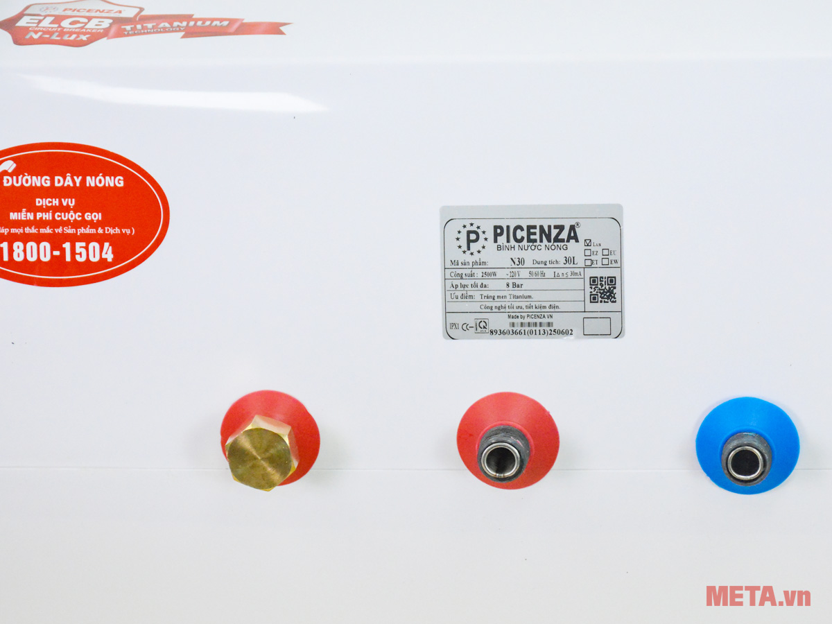 Vị trí lắp đặt đường nước vào/ra của bình nóng lạnh Picenza N30LUX 30L