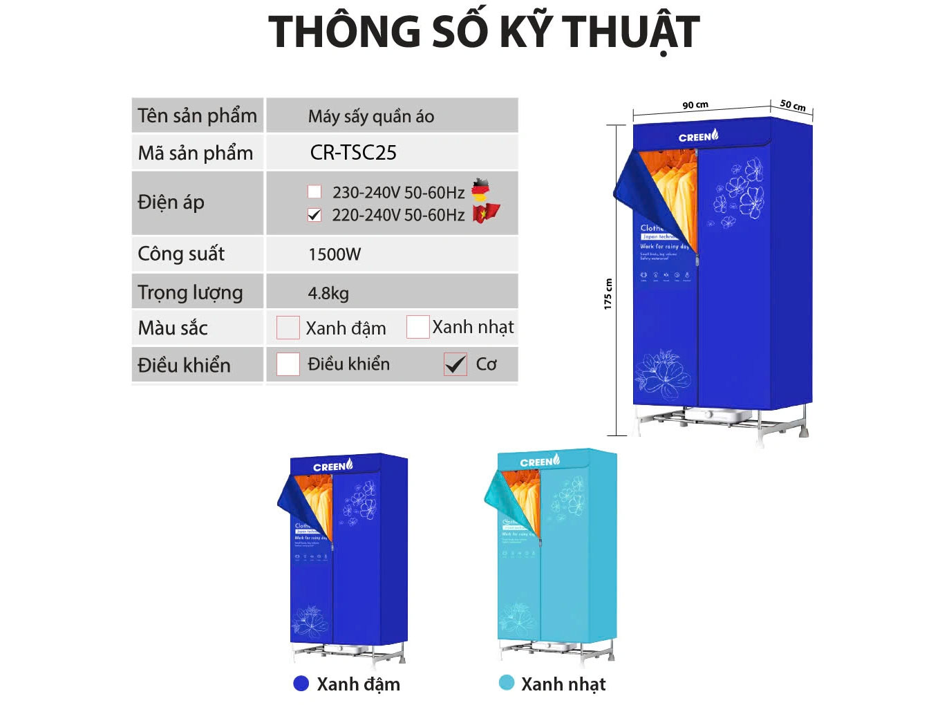 Máy sấy quần áo Creen có chiều cao 175cm, rộng 90cm và sâu 50cm Máy sấy quần áo Creen