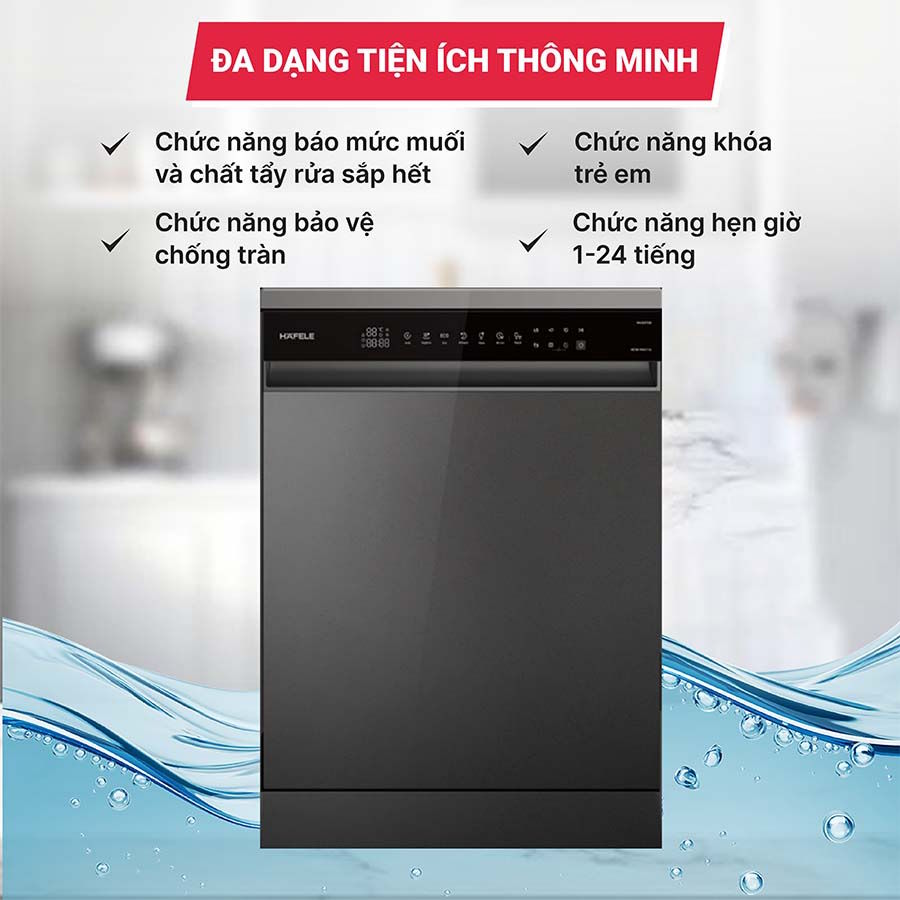 Tích hợp nhiều tính năng tiện lợi và an toàn Máy rửa chén độc lập Hafele