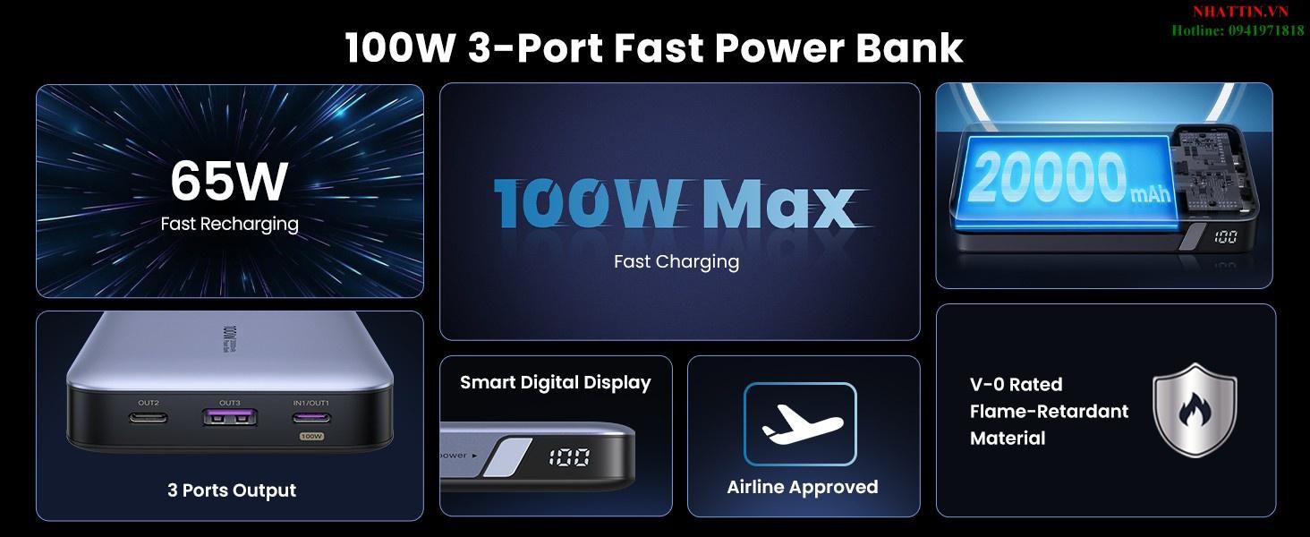 Sạc dự phòng nhanh Ugreen PD 100W Nexode 20.000 mAh 25188 Sạc dự phòng nhanh Ugreen PD 100W Nexode 20.000 mAh 25188