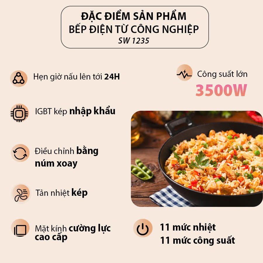 Nấu ăn nhanh chóng, mạnh mẽ với công suất 3.500W Bếp từ đơn công nghiệp Sowun SW 1235 (3.500W)