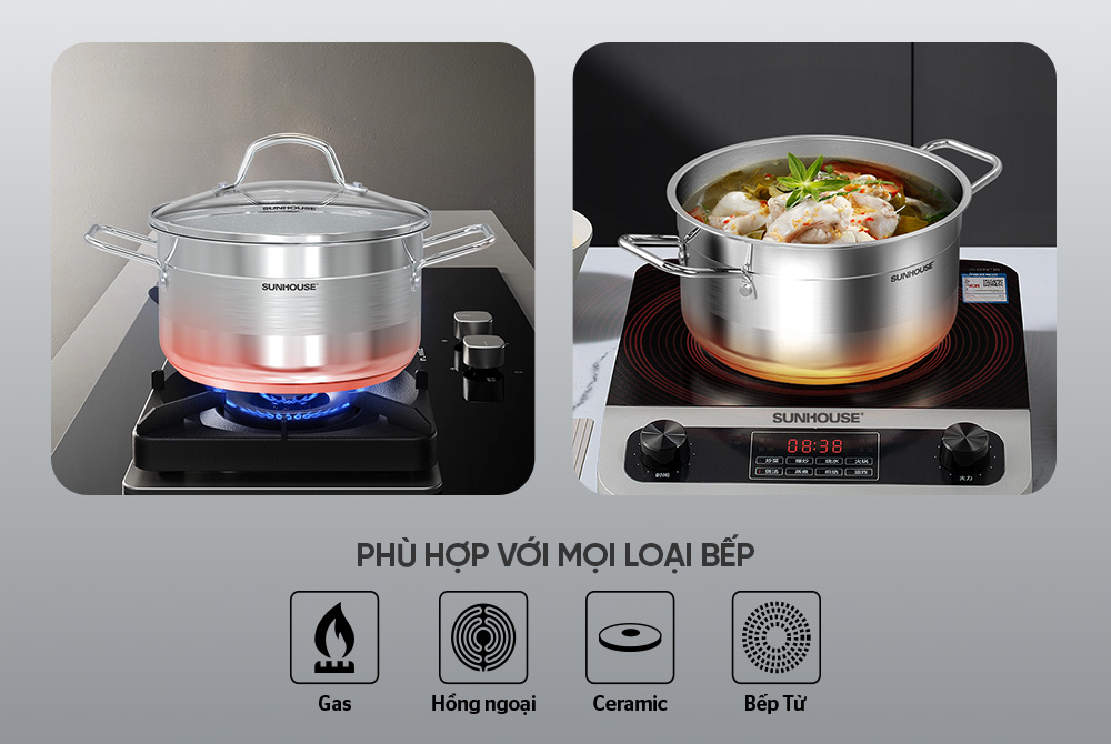 Bộ nồi inox Sunhouse dùng cho cả bếp từ Bộ nồi inox Sunhouse