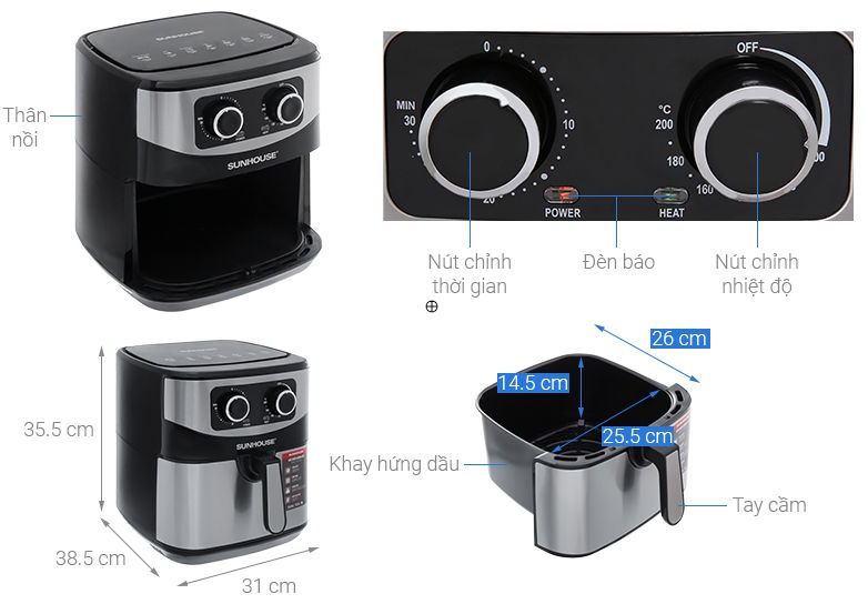 Nồi chiên không dầu 9 lít Sunhouse SHD4035 Nồi chiên không dầu 9 lít Sunhouse SHD4035