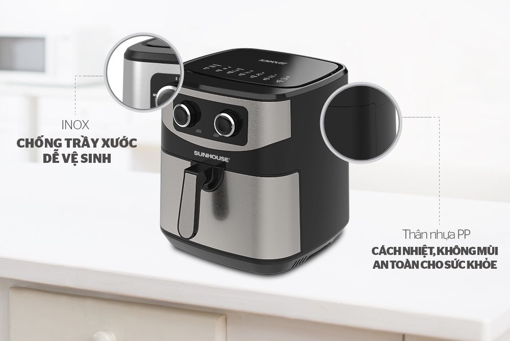 Nồi chiên không dầu Sunhouse có bề mặt bằng inox Nồi chiên không dầu Sunhouse