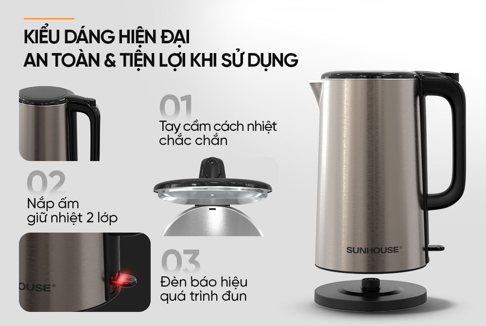 Ấm siêu tốc inox có tay cầm nhựa chống nóng Ấm siêu tốc inox