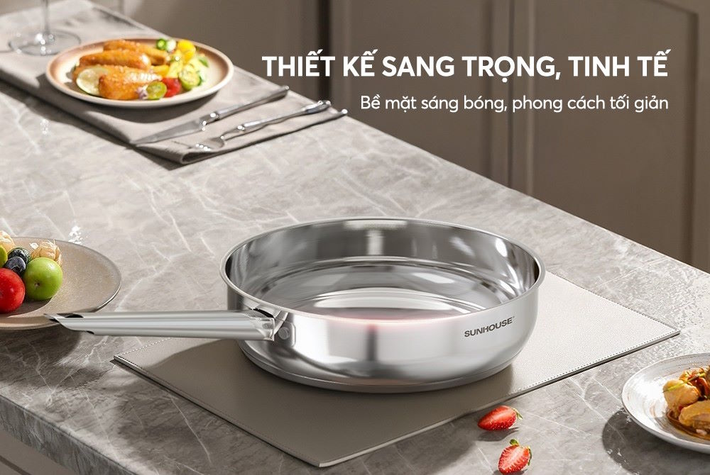 Thiết kế tinh giản, sang trọng và bền bỉ Chảo inox 304 Sunhouse Healthy IN16M9