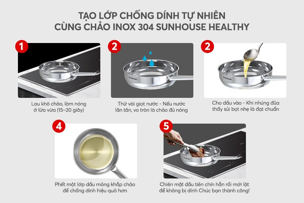 Hướng dẫn “tôi chảo” – Bí quyết nhỏ cho món ăn ngon hơn Chảo inox 304 Sunhouse