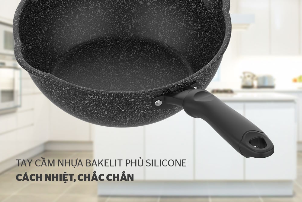 Tay cầm Bakelite phủ silicone – cách nhiệt, chống bỏng hiệu quả Chảo sâu Sunhouse SHS20MRD