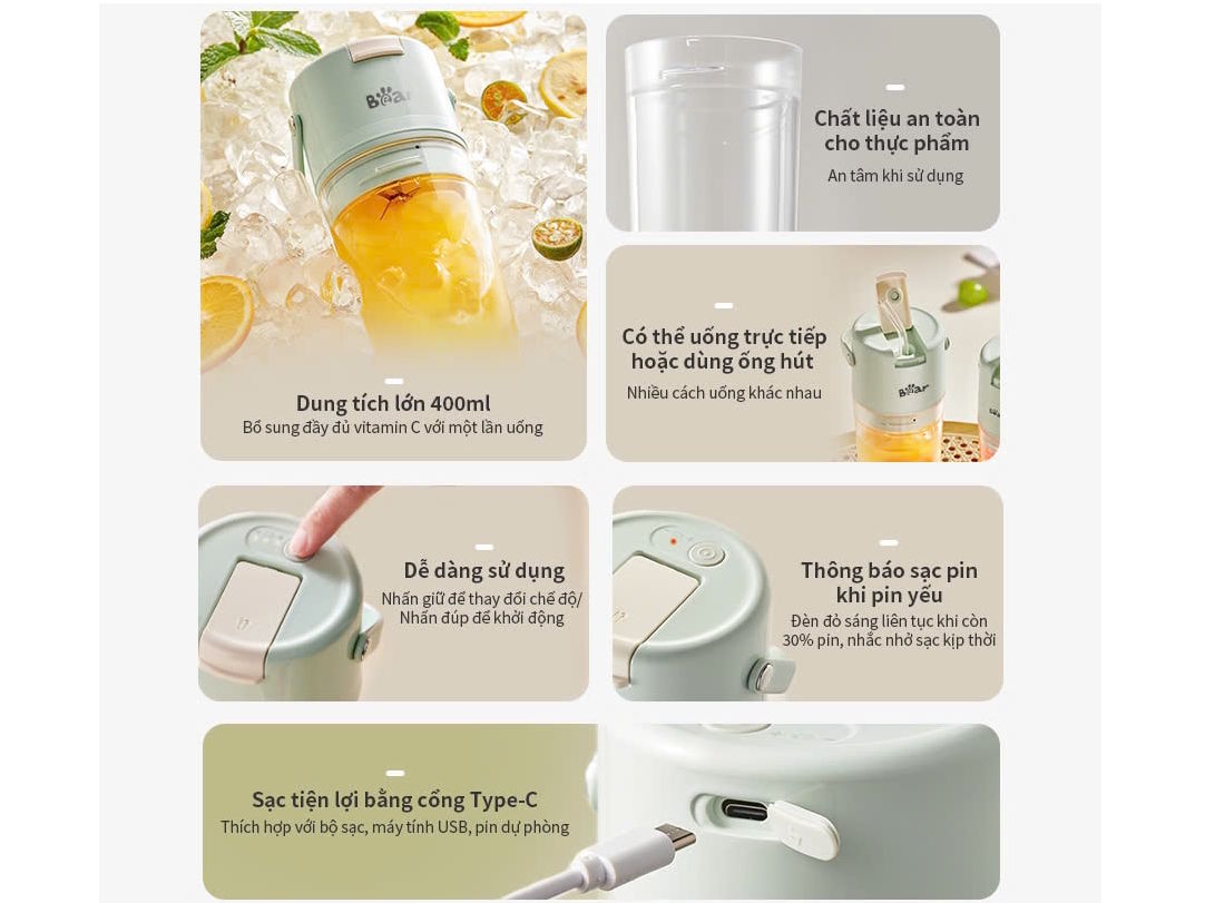 Máy xay sinh tố cầm tay dùng pin sạc tiện lợi Máy xay sinh tố cầm tay