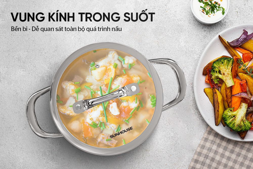 Thiết kế sang trọng, tiện dụng cho mọi gian bếp Nồi Inox 304 đáy liền Sunhouse SHG706-18
