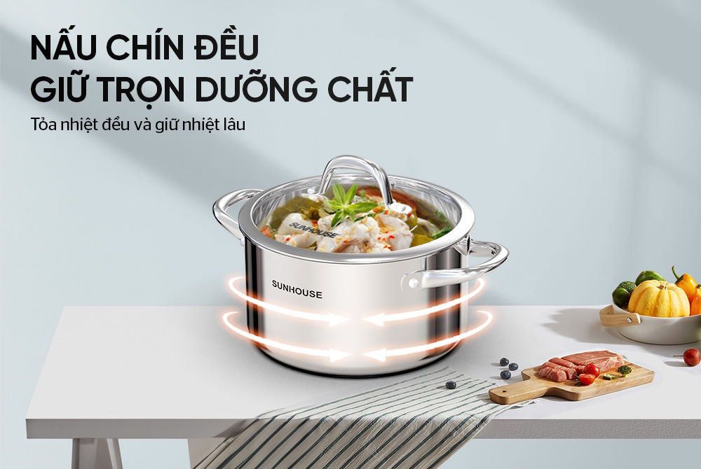 Công nghệ đáy liền đa lớp bền bỉ, chống phồng đáy Nồi Inox 304 Sunhouse SHG706-18