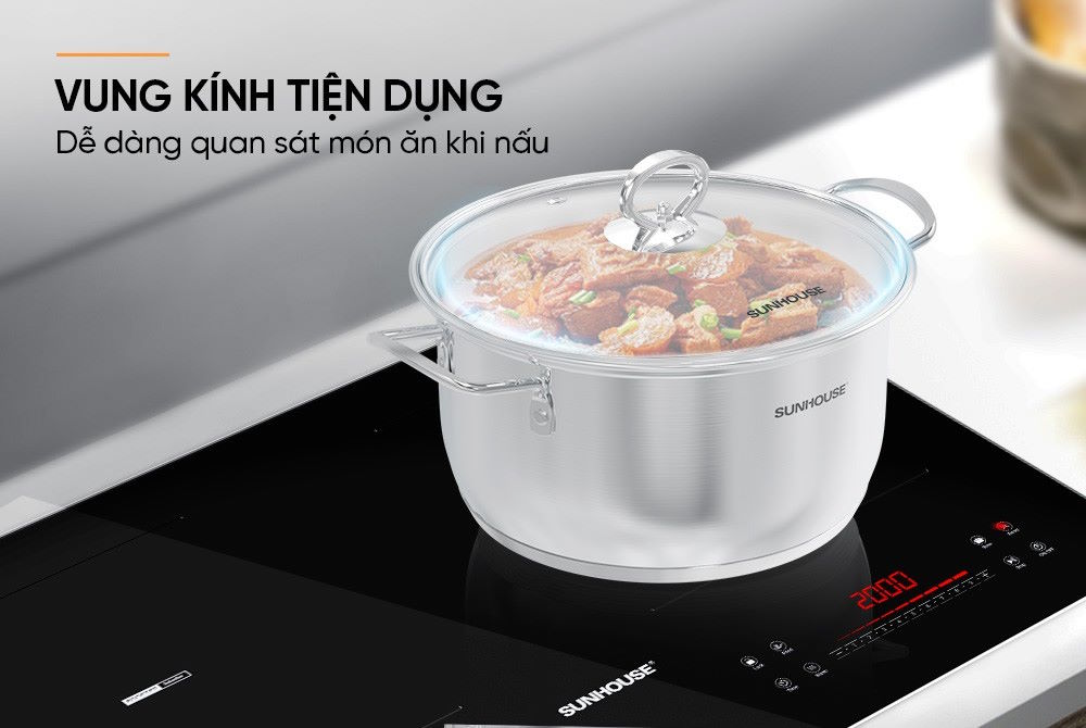 Vung kính siêu bền – Quan sát dễ dàng, tiện lợi khi nấu Nồi inox 5 đáy Sunhouse SHG788-16