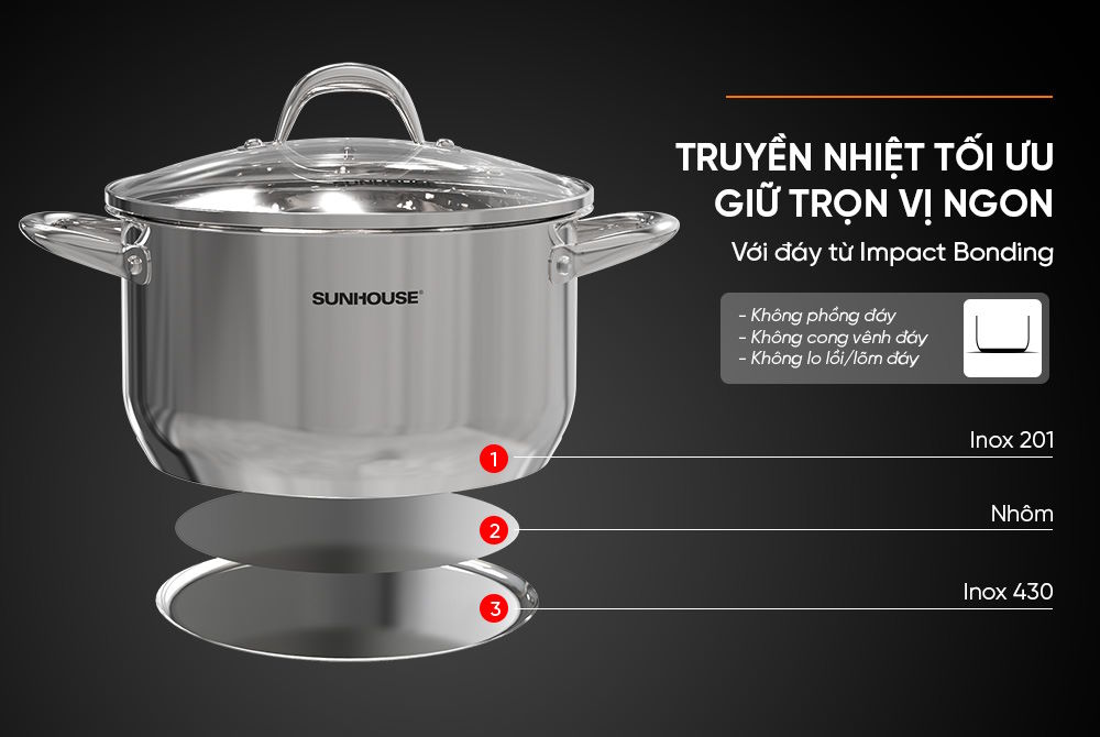 Chất liệu inox cao cấp – An toàn tuyệt đối cho sức khỏe Nồi Sunhouse SHG301-16