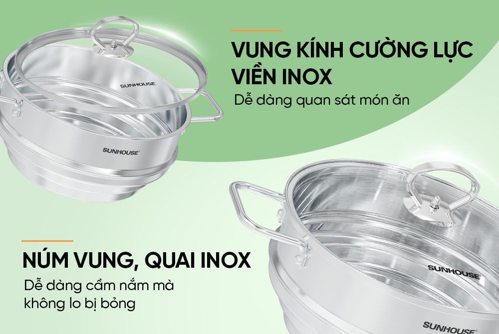 Vung kính cường lực viền inox – Quan sát dễ dàng, chịu nhiệt cực tốt Xửng đa năng Sunhouse Eco SHG105-24