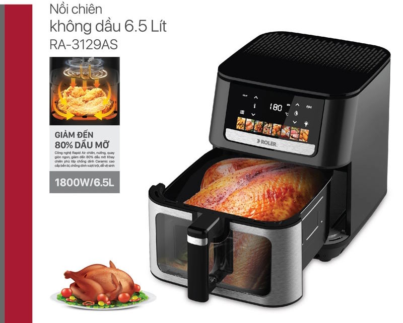 Thiết kế hiện đại, sang trọng – Điểm nhấn cho không gian bếp Nồi chiên không dầu điện tử đa chức năng 6.5L Roler RA-3129AS