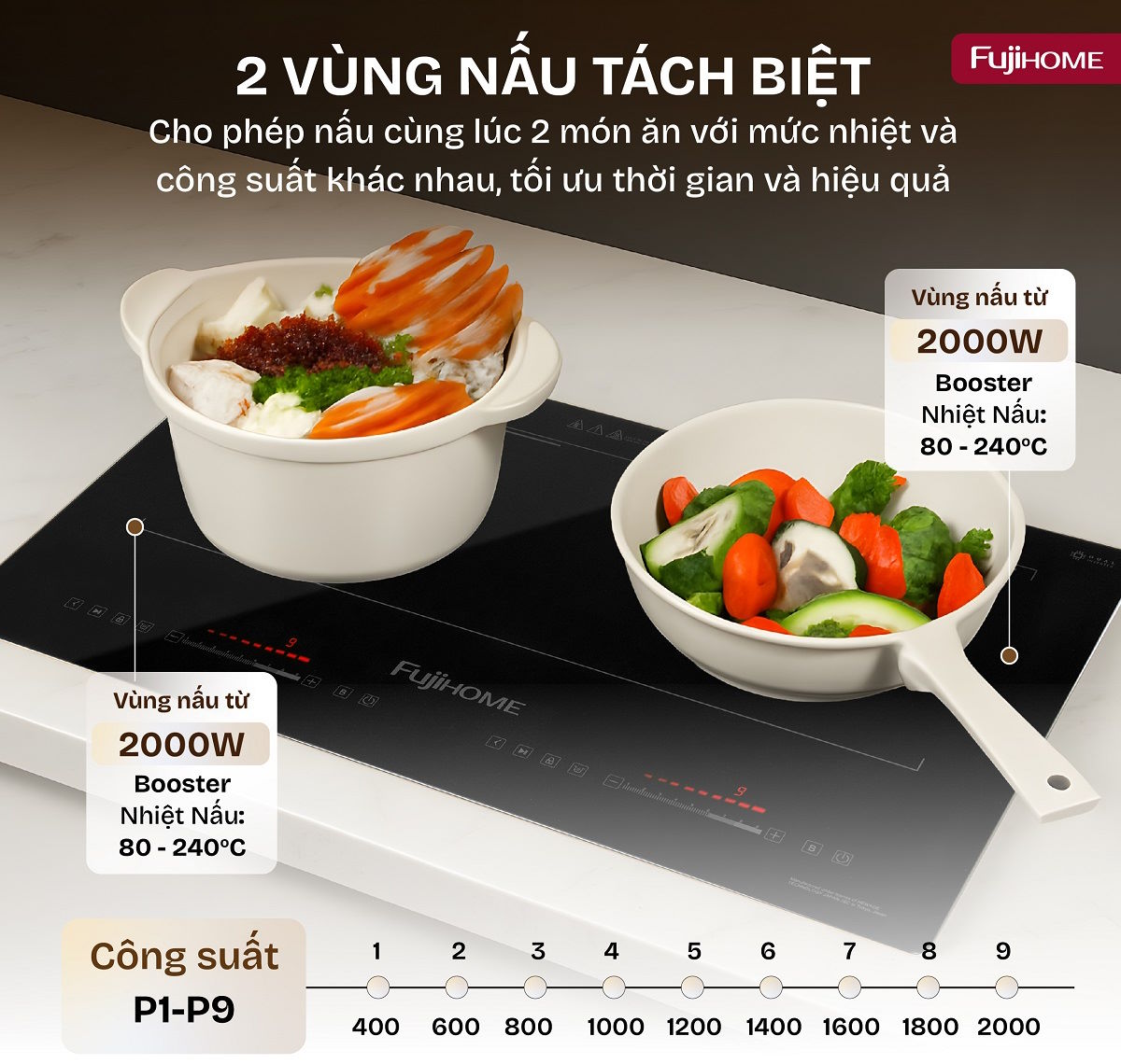 Hiệu suất mạnh mẽ – Nấu nhanh, tiết kiệm thời gian Bếp từ đôi Fujihome IC2622