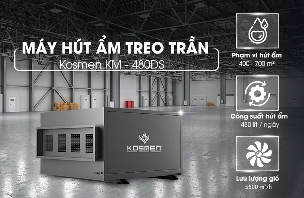 Thiết kế treo trần hiện đại – Tiết kiệm không gian tối ưu Máy hút ẩm treo trần Kosmen KM-480DS