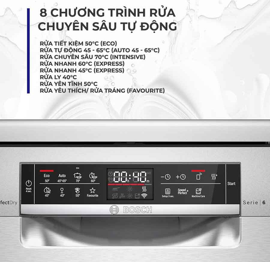 Hiệu quả rửa sạch vượt trội với 8 chương trình rửa đa dạng Bosch SMS6ZCI85M