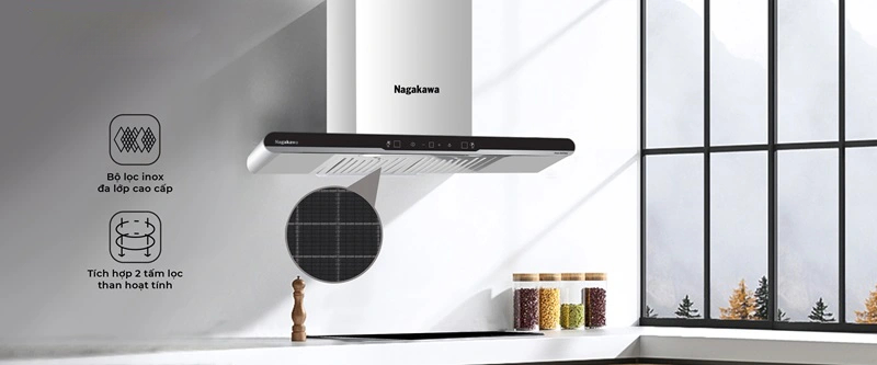 Máy hút mùi Nagakawa dùng bộ lọc inox Máy hút mùi Nagakawa