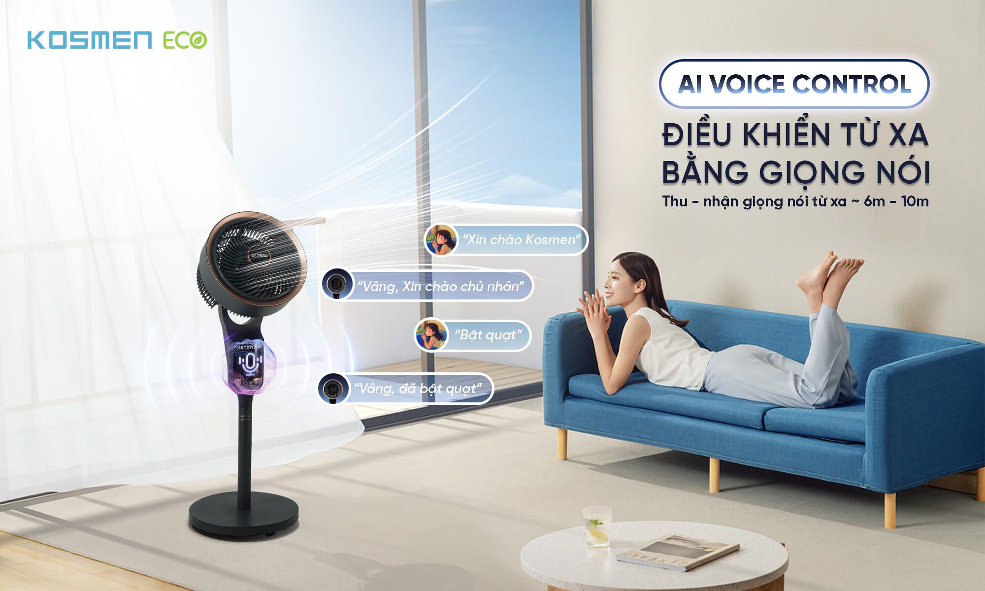 Điều khiển bằng giọng nói tiếng Việt – Đơn giản, thân thiện và tiện lợi Quạt điện Kosmen ECO-F40AI-B