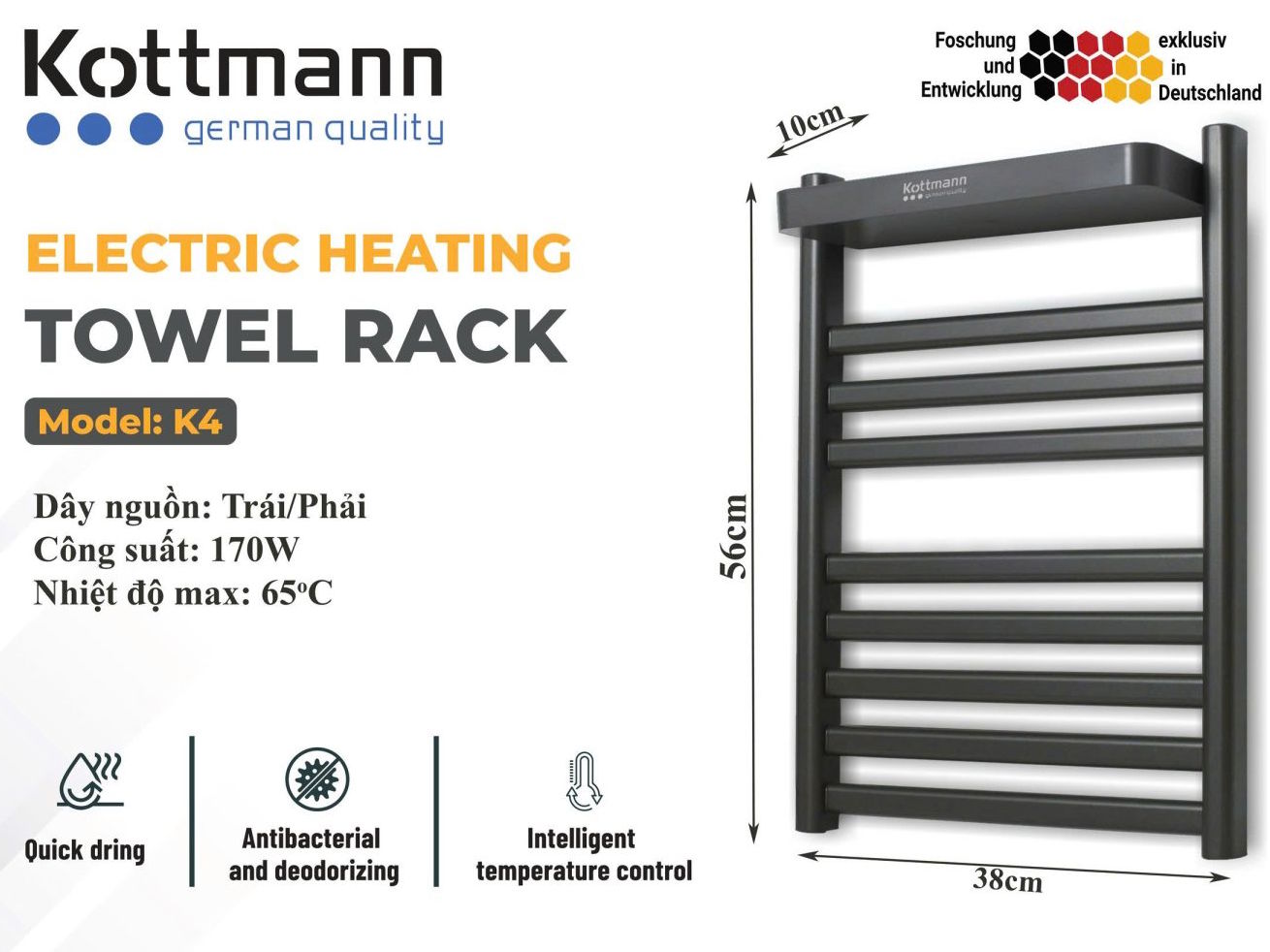 Giá sấy khăn Kottmann có công suất 170W tiêu thụ ít điện năng Giá sấy khăn Kottmann
