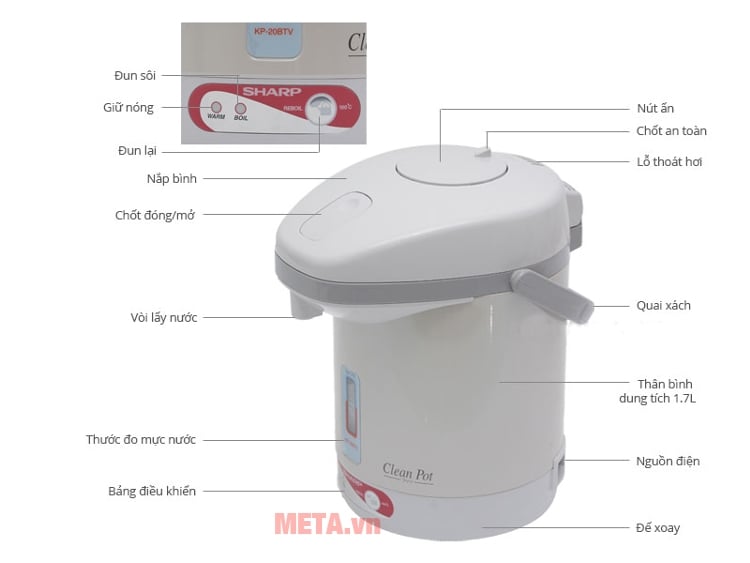 cấu tạo chi tiết bình thủy điện Sharp KP-20BTV 1,7 lít