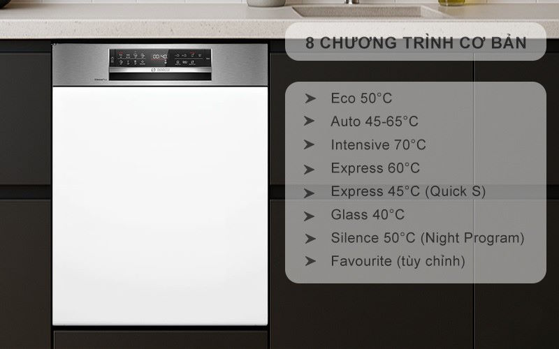 8 chương trình rửa linh hoạt – Phù hợp mọi loại bát đĩa Bosch SMI6ECS10E
