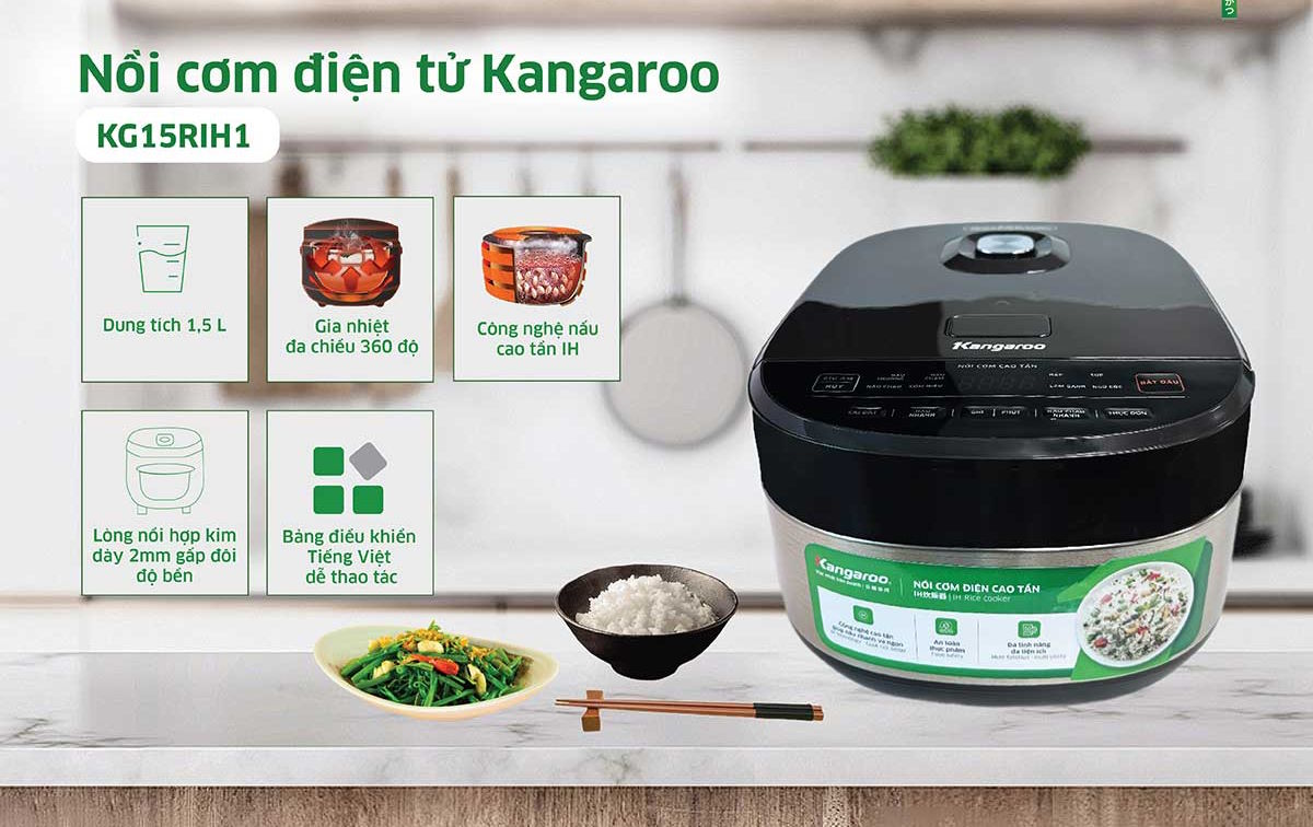 Thiết kế sang trọng, hiện đại – Phù hợp mọi không gian bếp Nồi cơm cao tần Kangaroo 1.5 lít KG15RIH1