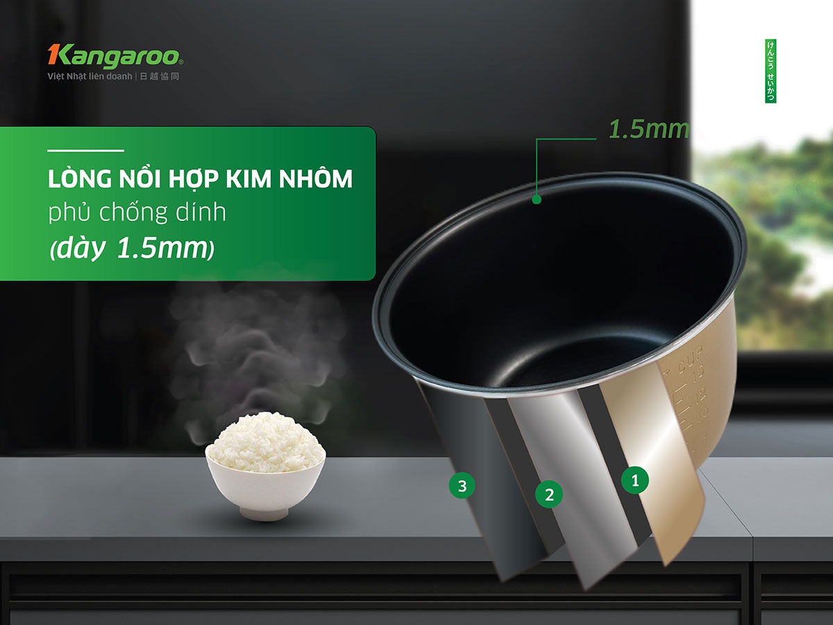 Lòng nồi hợp kim nhôm dày 1.5 mm, chống dính cao cấp Nồi cơm điện Kangaroo KGRC18M3