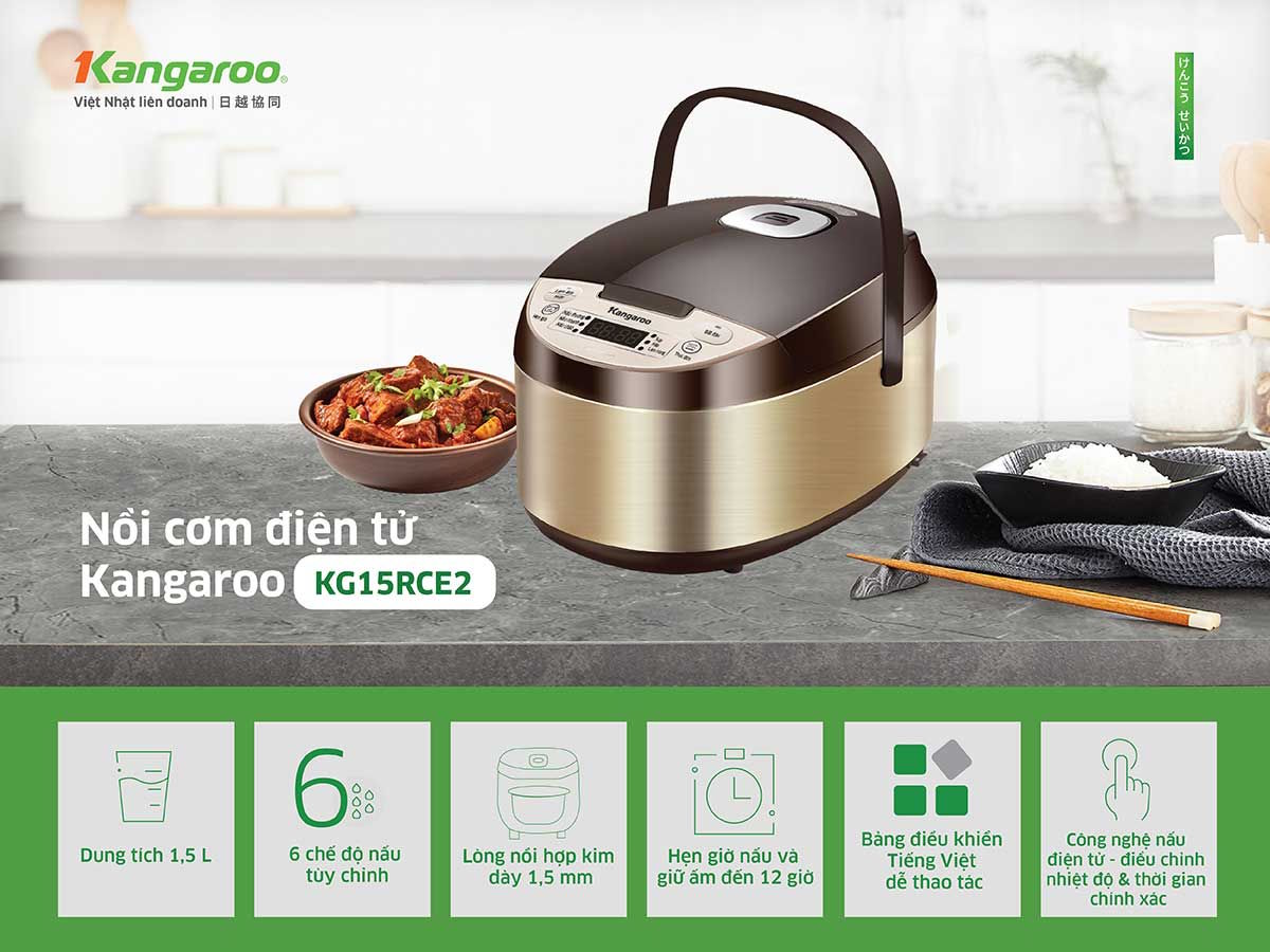 Thiết kế hiện đại, tiện dụng cho mọi không gian bếp Nồi cơm điện tử Kangaroo 1.5 lít KG15RCE2