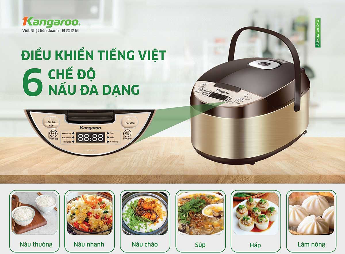 Bảng điều khiển tiếng Việt, 7 chương trình nấu đa năng Nồi cơm điện Kangaroo 1.5 lít KG15RCE2