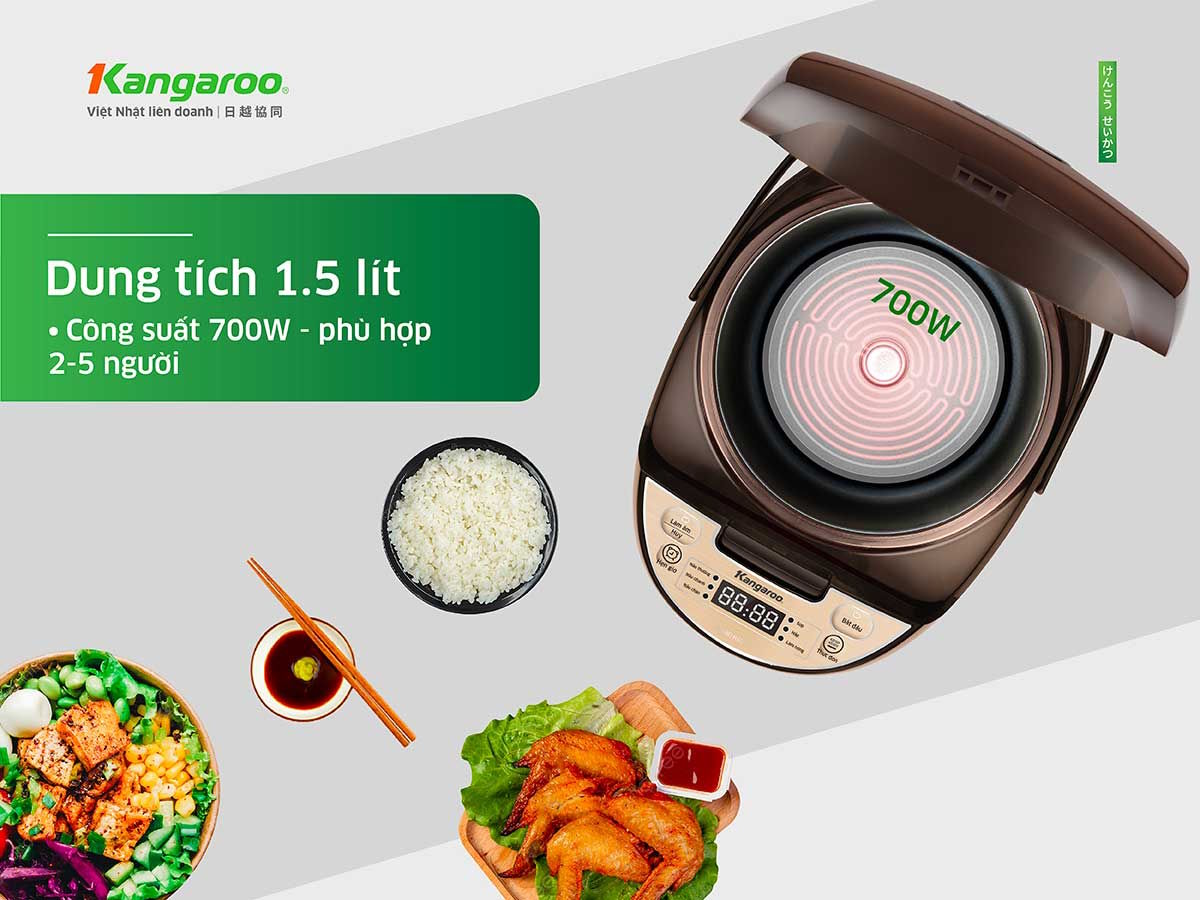 Dung tích 1.5 lít – phù hợp cho gia đình nhỏ Nồi cơm điện tử Kangaroo