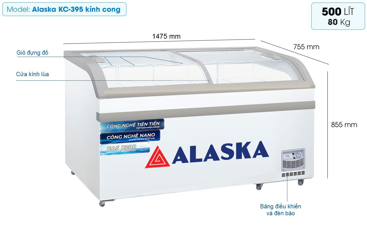 Tổng quan tủ đông kính cong Alaska KC-395 - 500 lít Tổng quan tủ đông kính cong Alaska KC-395 - 500 lít