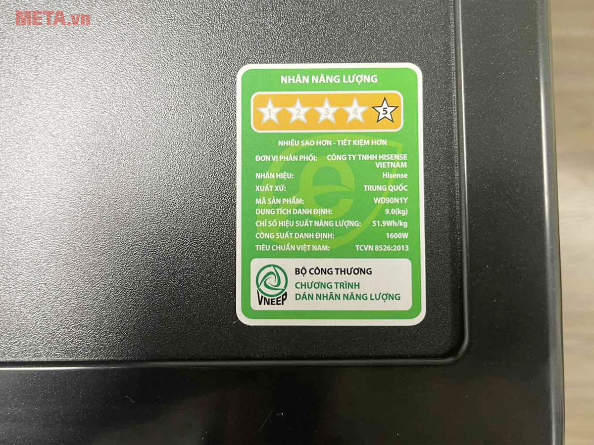 Máy giặt sấy Hisense Inverter WD90N1Y đạt nhãn năng lượng 5 sao Hisense Inverter WD90N1Y