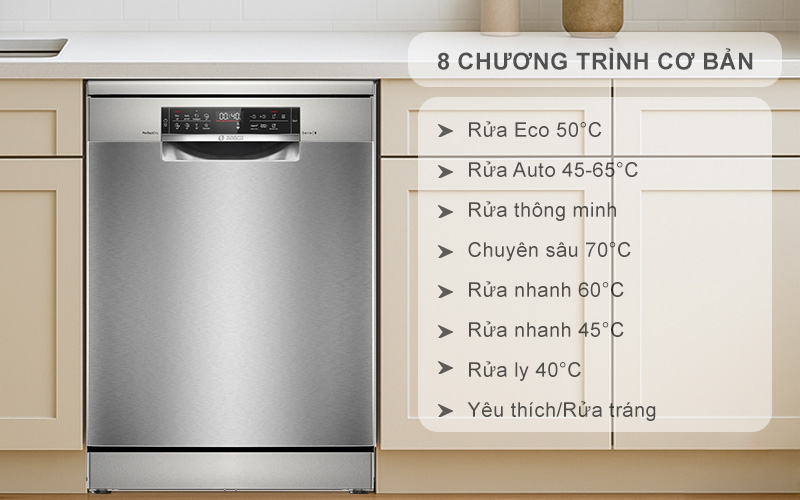 8 chương trình rửa cơ bản và 6 chương trình nâng cao Máy rửa chén 14 bộ Bosch SMS6ZCI01P