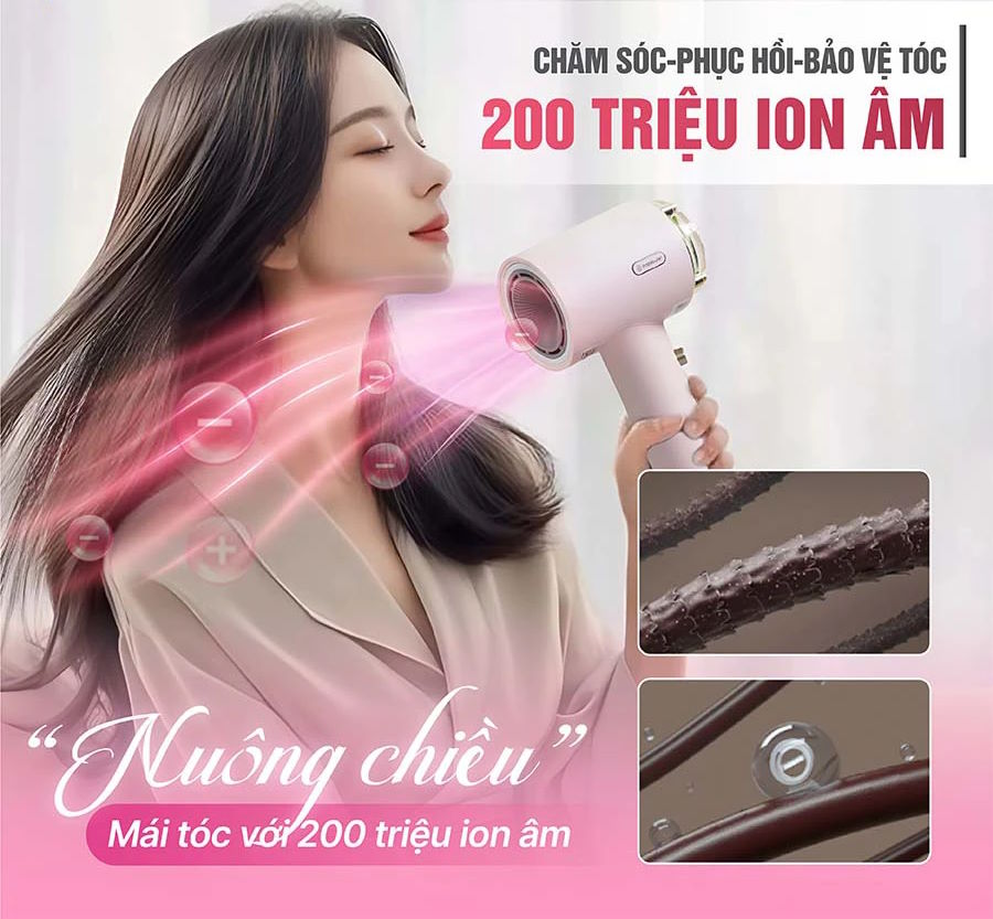 200 triệu ion âm – Nuôi dưỡng tóc mềm mượt, bóng khỏe Máy sấy tóc Habibullet HHB2599 Princess