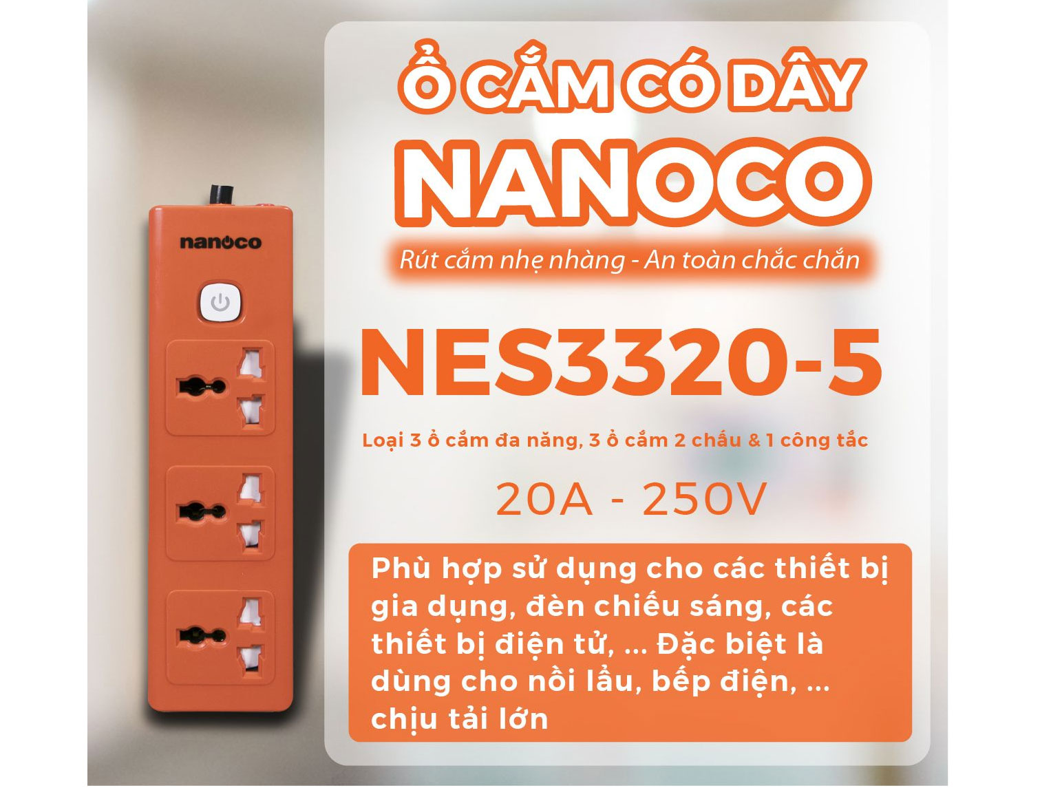Ổ cắm có dây Nanoco NES3320-5 Ổ cắm có dây Nanoco NES3320-5