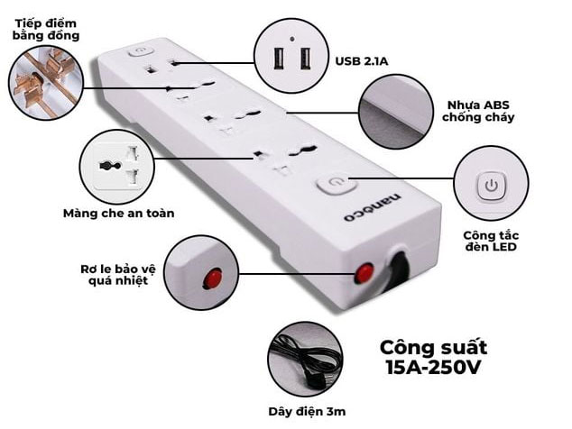 Ổ cắm có dây Nanoco NES332U-5 Ổ cắm có dây Nanoco NES332U-5
