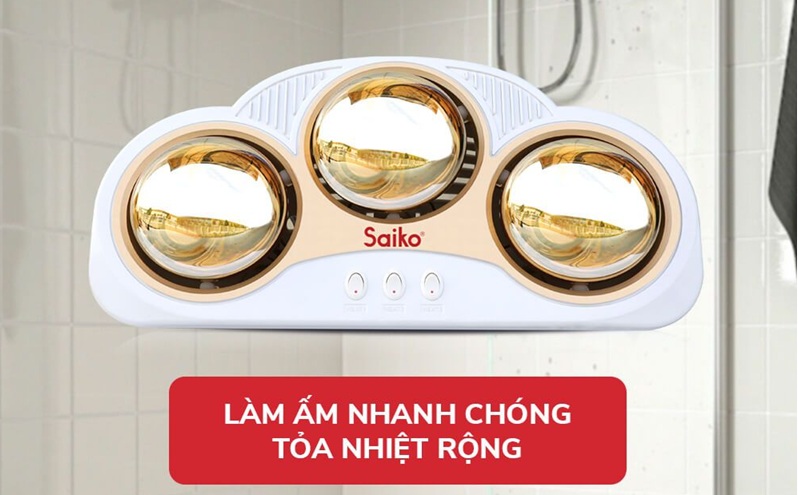 đèn sưởi nhà tắm 3 bóng Saiko BH-3830H có kiểu dáng đẹp, dễ lắp đặt