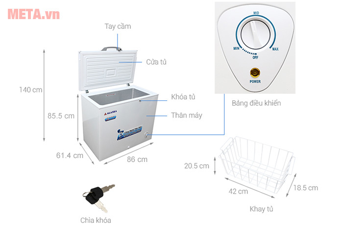 Chú thích và kích thước của tủ đông Alaska BD-300