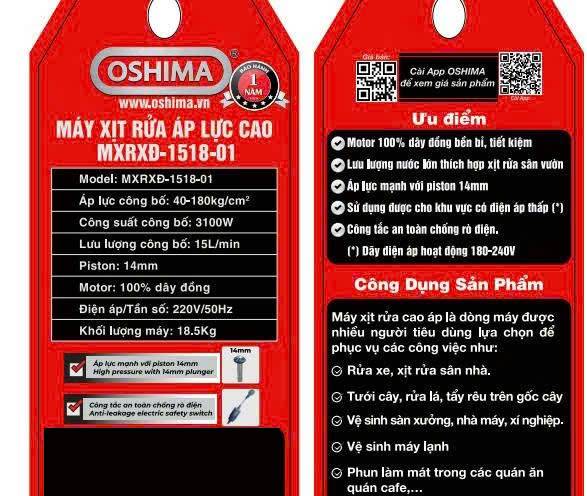 Máy xịt rửa áp lực cao Oshima dùng rửa xe, sân vườn, nhà xưởng Máy xịt rửa áp lực cao Oshima