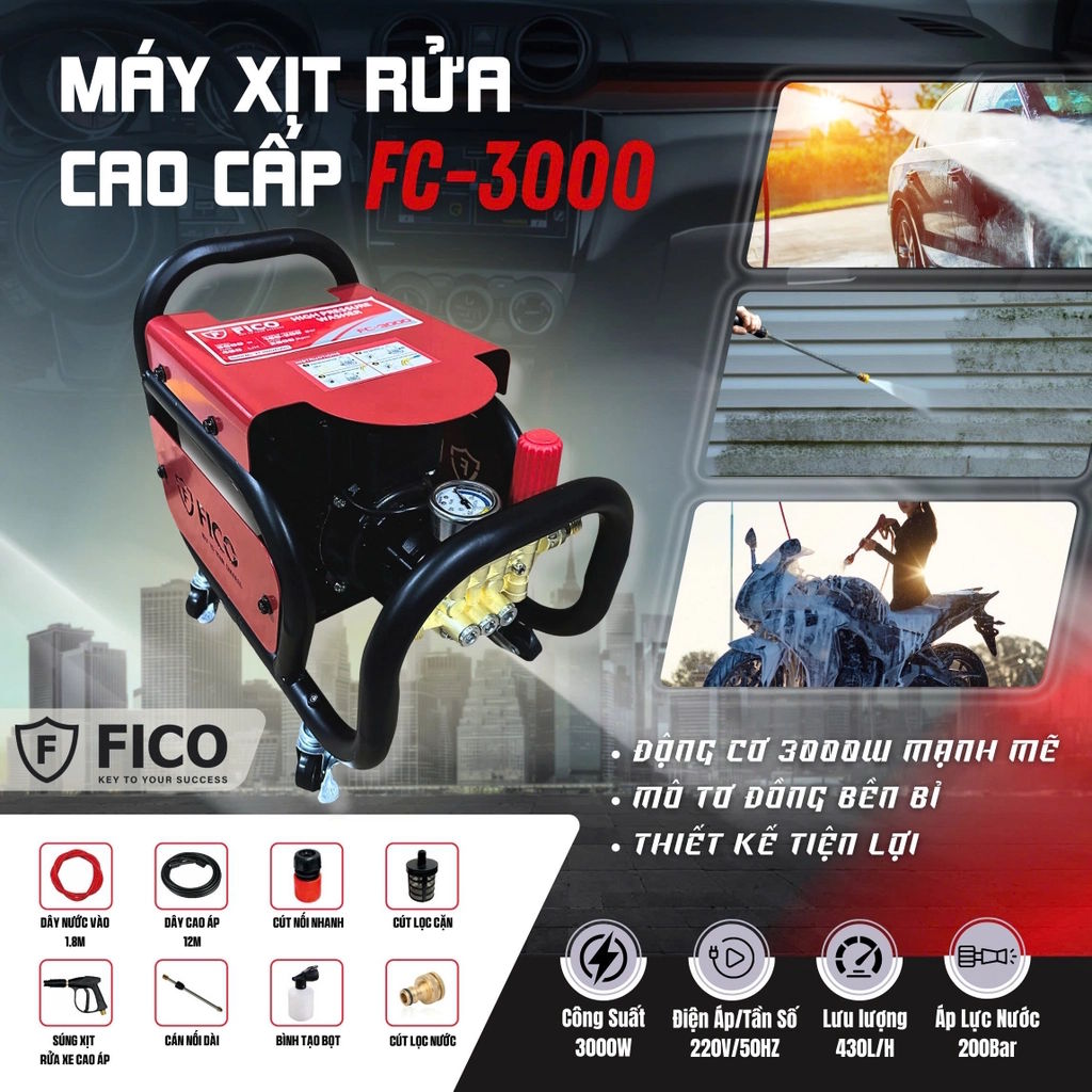 Máy có công suất lớn, áp lực cao hỗ trợ rửa xe nhanh chóng Máy xịt rửa